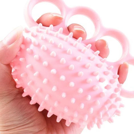Balle de musculation pour 4 doigts, renforcement de la préhension, en TPR sûr, pour la rééducation des mains, pour les personnes âgées, les enfants et les adultes (rose). (1/3)