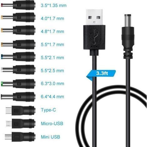 Câble d’alimentation USB vers DC 5 V – Adaptateur 11-en-1 avec fiche barillet 5,5 × 2,1 mm, 1 m, noir, pour ordinateur portable et routeur (1/4)
