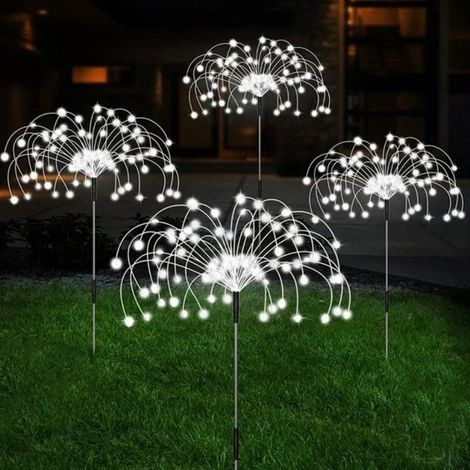 4 pièces lumières solaires feu d'artifice, étanches IP65, 8 modes d'éclairage, guirlande lumineuse blanche pour décoration extérieure et jardin
