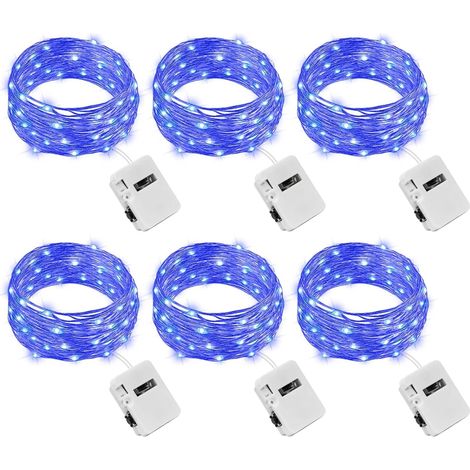 6x guirlande led à pile, 2 m, 20 led, lumière bleue, 3 modes, ip65, pour intérieur, mariage, noël, décoration
