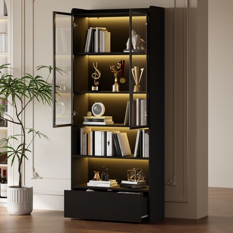 Vetrina alta 80x34x180 cm in MDF e vetro nera con contenitore per soggiorno - FLORAGRACE (1/5)