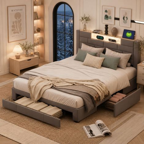 Lit 160x200 cm capitonné velours gris, LED, ports USB, tiroirs de rangement sous lit