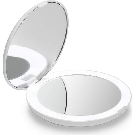 Miroir pliant portable avec miroir de maquillage à lumière LED, loupe 10X, mini miroir à 12 perles de lampe blanc (1/5)