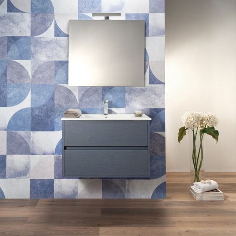 Mobile Bagno 80 Cm Sospeso Blu Oceano effetto tessuto 2 Cassetti Lavabo e Specchio (1/5)