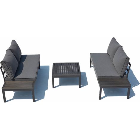 Concept-Usine – Salon de jardin 4 places – Aluminium et acier gris foncé – Table carrée 67x67cm – Coussins déhoussables en polyester