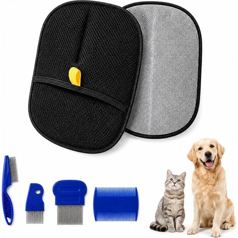 Gant Anti Poils Animaux et Brosse Poil Chat Set 6 Pièces, Gant Poil Chat Double Face pour Vêtements, Peigne Chat et Chien Démêlant pour Soin du Pelage (1/5)