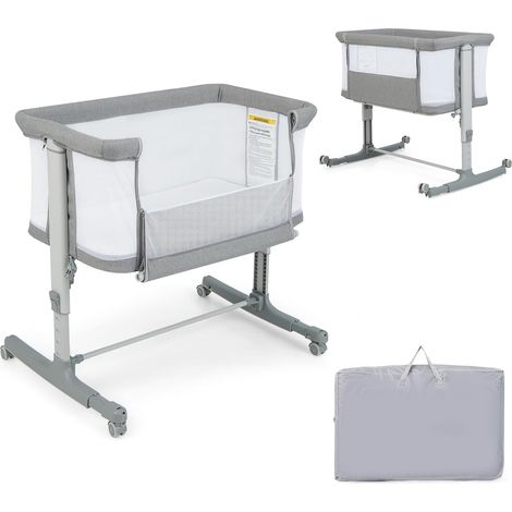 GOPLUS Berceau Bébé 3 en 1, Lit Cododo Portable avec Matelas Amovible, Hauteur Réglable, Poches de Rangement et Roues Verrouillables, Lit de Voyage pour Nouveau-Né avec Sac de Transport (Gris Clair)