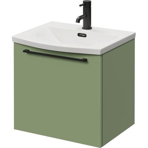 Napoli 390 Olive Green 500mm Wall Mounted Single Drawer Vanity Unit with Arc Basin - 500mm - Matt Black 320mm Handle