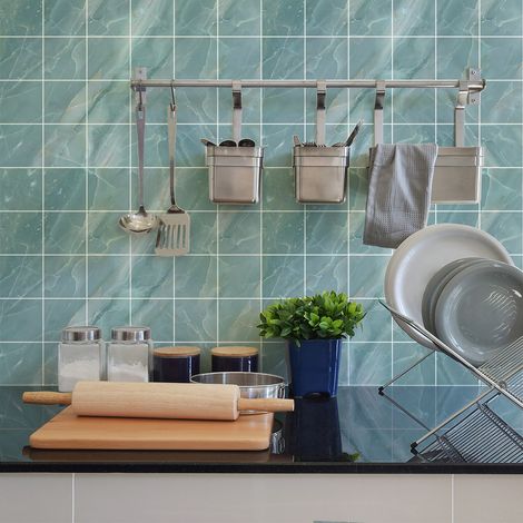 Sticker Mural Carrelage adhésif Cuisine Salle de Bain - 30 STICKERS CARRELAGES MARBRE BLEU DE EIBA - 30stickers10x10cm (1/5)