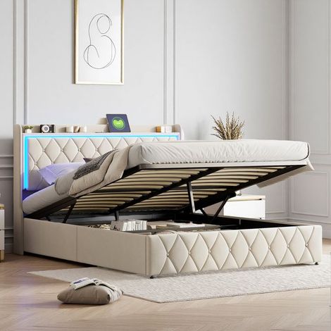 Bett 160x200 cm, 2YTT, USB-Anschluss, RGB-LED, hydraulisch, Doppelbett, Samt, Bettgestell für Erwachsene 160x200 cm, Beige