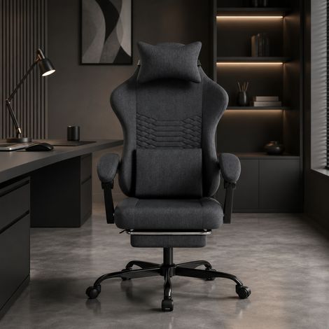 Fauteuil gaming 50x64x124 cm en tissu noir, réglable pour bureau, avec repose-pieds FloraGrace (1/5)