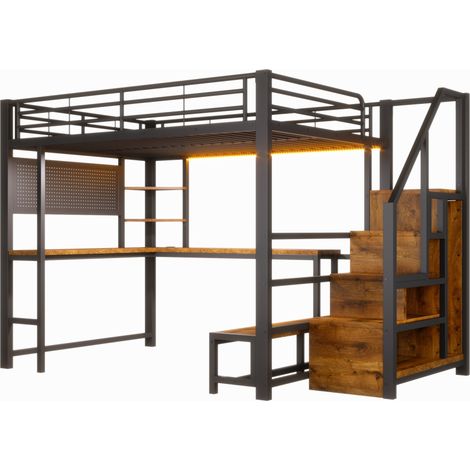 Lit mezzanine 140x200 cm avec bureau, LED, USB-C, étagères et escalier de rangement noir (1/5)