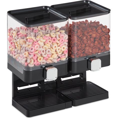 Relaxdays Distributeur de céréales double, rangement pour muesli, cornflakes, fruits secs, bonbons, riz, plastique, noir (1/5)