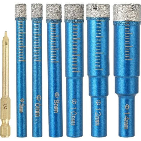 Komplettes 7-teiliges Fliesenbohrer-Set, inklusive eines 6-mm-Diamant-Fliesenbohrers und Größen 5/8/10/12/14 mm, perfekt für Keramik. (1/5)
