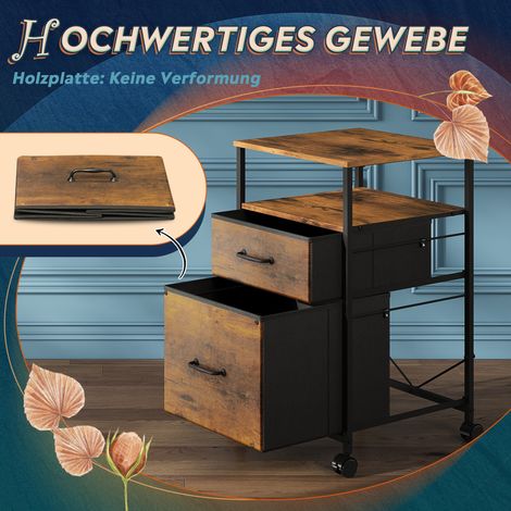Boîte de rangement mobile DEVAISE, deux tiroirs doublés de tissu et un compartiment ouvert, roulettes verrouillables, format A4, marron vintage (1/5)