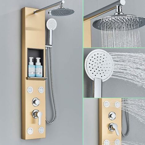 de douche en acier inoxydable avec robinetterie et 3 modes de sortie d'eau - Panneau de douche avec robinet et étagère-Salle de bain-or (1/5)