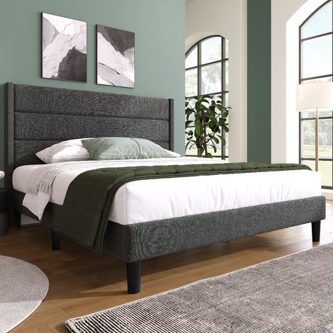 Polsterbett 140x200 cm mit Lattenrost und Kopfteil, gepolstertes Doppelbett aus Leinenstoff in Dunkelgrau, modernes Jugendbett ohne Boxspring (1/5)