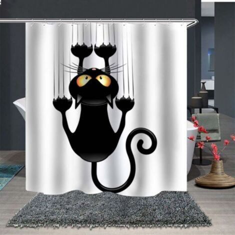 Leashy DIY Duschvorhang, lustiges Katzenmotiv, mit Haken (Schwarze Katze, 180x200) - Crezuo