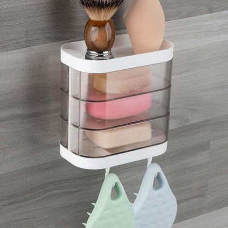 Porte-savon mural à 3 couches avec 2 crochets, support de savon rotatif à 180 degrés, étanche à la poussière, organiseur de rangement pour salle de bain, douche, cuisine (transparent) (1/4)
