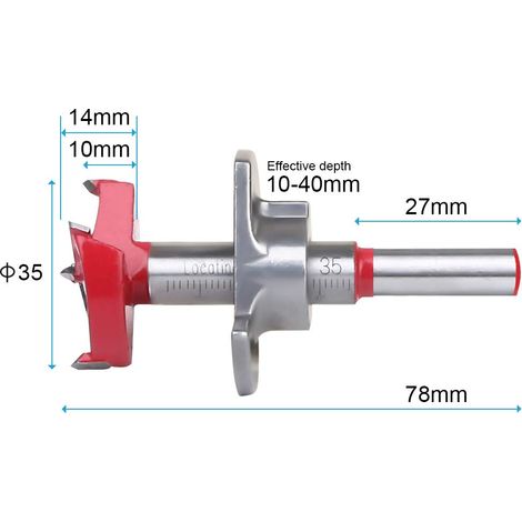 Fraise à Bois D'encastrement, Ø35 mm Foret Bois Positionnement Ajustable, Scie Trépan au Carbure Cémenté avec Butée de Profondeur (Plage de Profondeur 1040 mm)