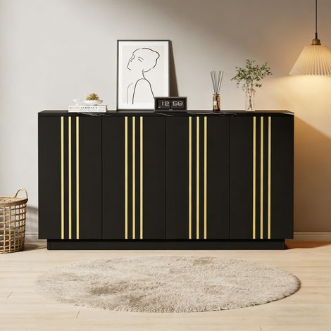 Buffet de salon, meuble de rangement à 4 portes, 35x140x70 cm. Design orné de lignes dorées, avec séparateurs réglables, convient au salon,noir et or (1/5)