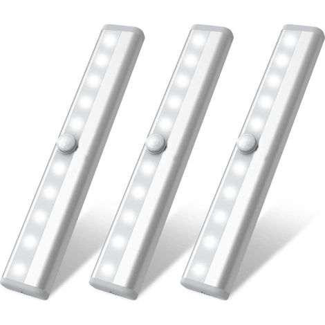 Éclairage LED à détecteur de mouvement pour dressing, lampes de placard rechargeables par USB, sans fil, 10 LED, fixation magnétique, lot de 3, blanc. (1/5)