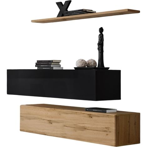 Ensemble meubles de salon SWITCH SBII design, coloris chêne Wotan et noir brillant.