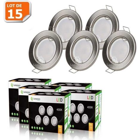 Lampesecoenergie – Lot de 15 spots LED encastrables ronds 5W – Aluminium brossé blanc neutre – Culot GU10 – 460 lumens – Angle 120° – Pour installation intérieure