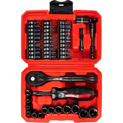 Lot de 48 mini clés à cliquet 1/4", douilles métriques peu profondes (4-14 mm) 6 points, avec clé 72 dents, ensemble d'embouts tournevis, joints universels et extensions - (1/5)