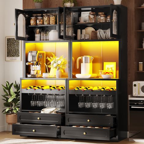 Armoire vitrine led 140x40x180cm avec portes vitrées incurvées éclairage app casier vin usb - mdf - noir (1/5)