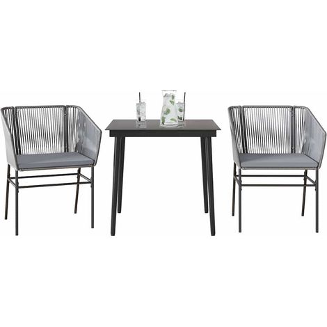 3-tlg. Garten-Essgruppe mit Kissen Grau Poly Rattan Glas