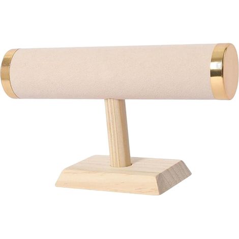 Soporte de exhibición para pulseras y joyas, torre vertical, con madera, estante de almacenamiento para pulseras, diademas y pendientes, de sobremesa, franela beige. (1/5)