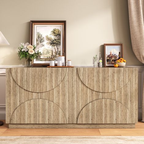 Credenza da 160 cm, credenza moderna con ripiani, meccanismo a scomparsa, ampio spazio contenitivo, venature naturali, stile naturale (1/5)
