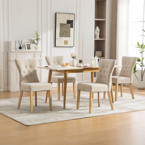 Chaises de salle à manger rembourrées en bois massif moderne, revêtues en tissu chenille, pieds en bois et clous décoratifs. Lot de 2, couleur beige. (1/5)