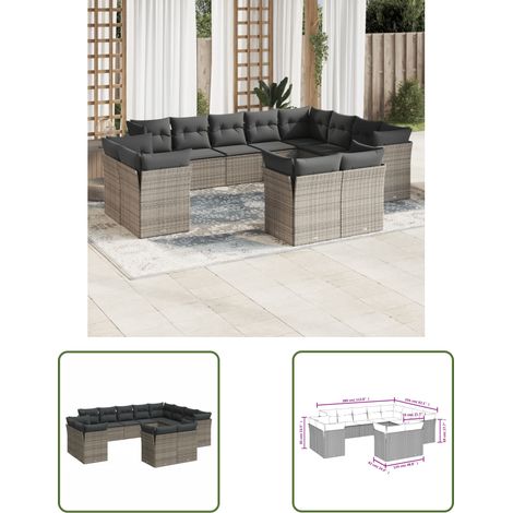 The Living Store Salon de jardin avec coussins 12 pcs gris résine tressée - Ensemble Salon De Jardin - Mobilier De Jardin - Salon Extérieur - Canapé Jardin - Résine Tressée (1/3)