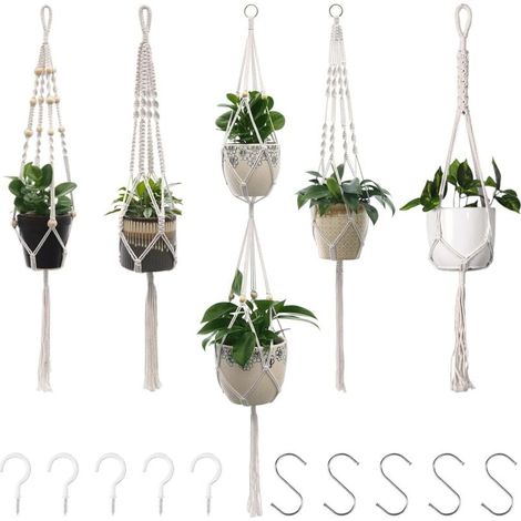 5 Pièces Porte Plantes Macramé Suspendu Support Étagère Pot de Fleurs en Corde Coton (1/4)