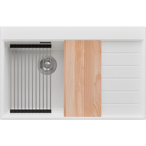 PRIMAGRAN Evier Cuisine en Granit 78x50cm,Lavabo 1 bac + Kit de Vidage + Accessoires, Évier à Encastrer au meuble 50cm - Sydney, Blanc (1/5)