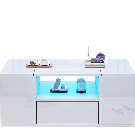Table Basse Blanche Brillante 100x50x40 cm, Table de Salon avec LED, 1 Tiroir et 6 Rangements, Panneau de Particules (1/5)