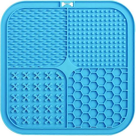 Tapis à lécher pour chiens, en silicone alimentaire, utilisable comme mangeoire lente pour chiens et chats, avec ventouses (bleu). (1/5)