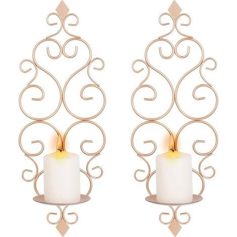 Lot de 2 Photophore Chandelier Porte Bougie Mural Murale Muraux en Métal, Bougeoir pour Mur Chambre Salle de Bains Salon Decoration, Or Rose (1/4)