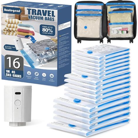 16PCS Sacs Sous Vide Voyage avec Pompe Électrique USB, Épais et Imperméables, Économisez 70% d'Espace, Adaptés aux Valises et Sacs à Dos, 4 Tailles Différentes (70x50/55x45/50x40/40x35cm) (1/5)