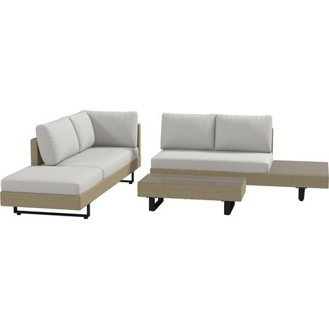 Salon de jardin d'angle 5 places design contemporain coussins déhoussables table basse acier époxy résine tressée beige