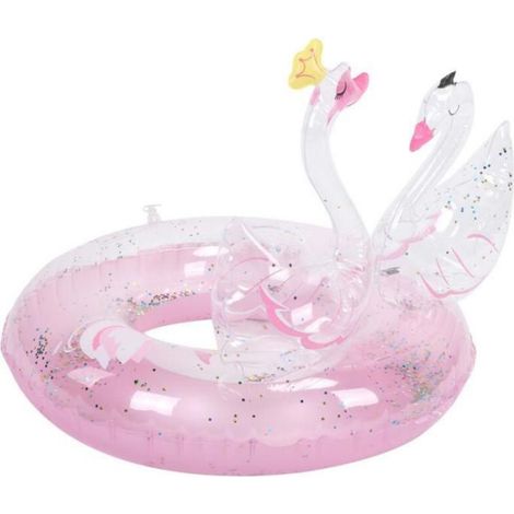 Bouée double enfant cygne scintillante rose. flotteur PVC 60 cm pour piscine (1/5)