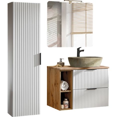 Badmöbel Set 3-teilig mit 80cm Waschtisch, weiß mit gerillter Front und Eiche Nb., ADELAIDE-56-WHITE (1/5)