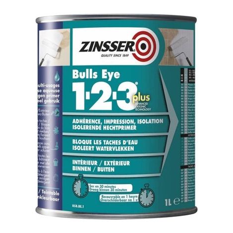 Zinsser Bulls Eye 1-2-3 PLUS Primaire universel 1 L – Sous-couche d'accrochage et isolante – Intérieur/Extérieur – Blanc