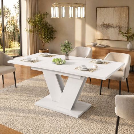 Table de salle à manger 160x80x75 cm extensible pour 4 à 6 personnes, table rectangulaire, pieds en métal, MDF, blanc (1/5)
