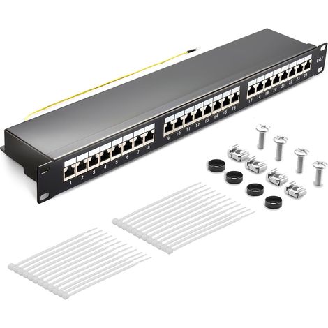CAT 7 Patch Panel - 24 Port Modular - For Keystone Modules - 19" - RJ45 - Modular for Keystone Modules - Shielded LAN Network Laying Cable - Rack Mount (1/5)