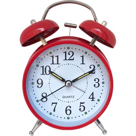 Réveil analogique rouge, très puissant, double sonnerie, style vintage, blanc, silencieux, sans tic-tac, à quartz, rétroéclairé, décoratif, table de chevet