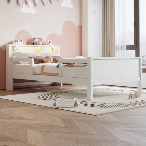 Kinderbett 90 x 200 cm mit LED, USB- und USB-C-Anschluss, Kopfteil mit Stauraum, Weiß HAVRYA (1/5)