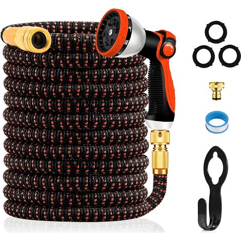 Tuyau d'Arrosage Extensible 30M avec Pistolet à 10 Jets, Raccords Tuyau Flexible pour Robinets de 1/2" et 3/4" Raccords en Métal, Garden Hose pour Jardin, Arrosage, Nettoyage(100FT, Orange) (1/5)